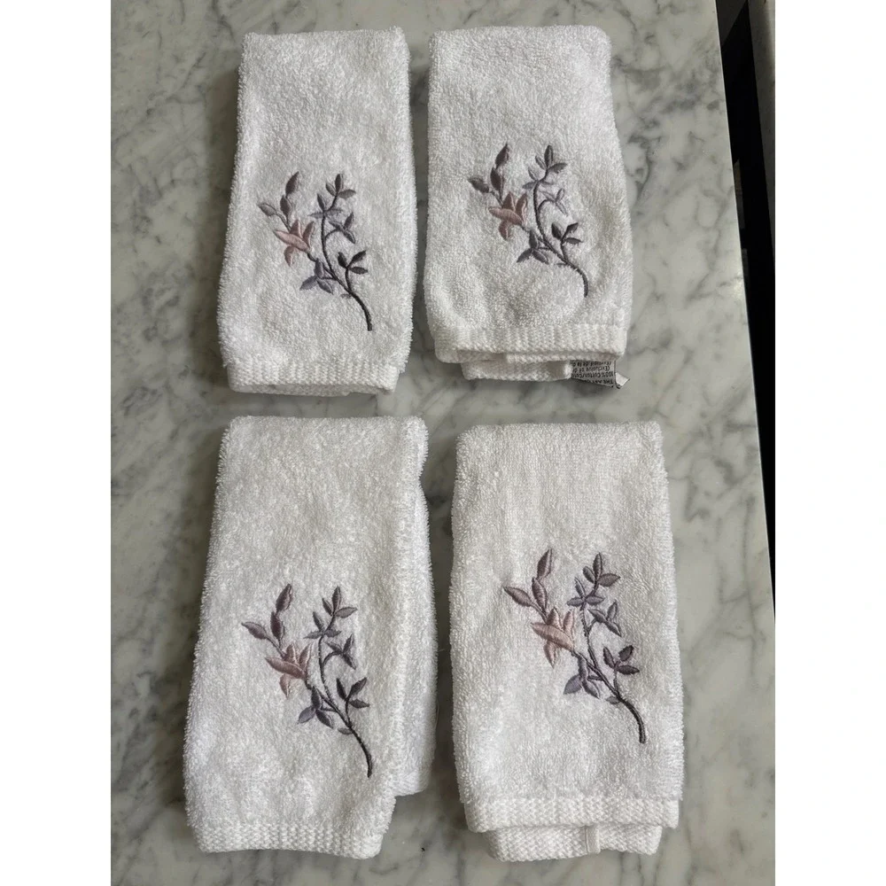 Avanti Linens White Cotton Hand Towels Set of 4 Embroidered Purple Floral Sprig